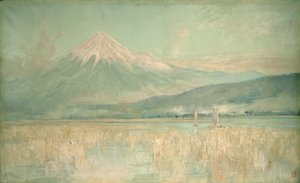 Dawn on the Sacred Mountain, the Fuji Sun Half Hidden in the Clouds