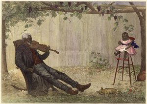 Old black man playing violin to baby by Alfred Edward (after) Emslie