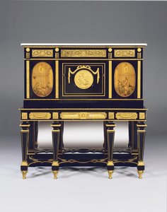 Cabinet-on-stand, incorporating marquetry panels and constructional elements from a commode by David Roentgen, the frieze mounts attributed to Francois Redmond