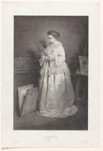 Young Woman Looking at a Print or Drawing (title on object: Indiscretion) by Alfred François Lemoine