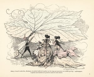 Man throwing away a huge fig leaf in front of three women