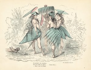 Women Dressed Only in Fig-Leaf Dresses and Hats, Holding Leaf Fans