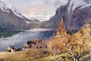 Urnaes Church, Lyster, Sogne Fjord by Alfred Heaton Cooper