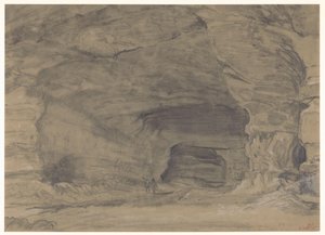 Two Figures Walking Inside a Large Cave