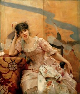 A. Stevens, Young Woman and Japanese Screen by Alfred Emile Stevens