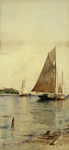 Drying the Sails, Oyster Boats, Patchogue, Long Island by Alfred Thompson Bricher
