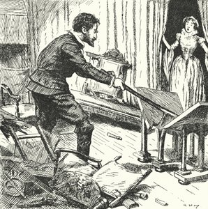 The wife of French potter Bernard Palissy looking on in horror as he smashes up their furniture to use as fuel for his furnaces by Alfred Wallis Mills