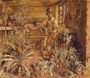 A Gardener in a Potting Shed with Pineapples and Various Vegetables