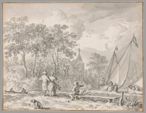 Landscape with Elegant Figures by a River, with Boats to the Right and a Town Behind Trees Beyond
