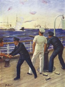Midshipman Reginald Himbury assisting the gunners of the Clan McTavish in the fight with the German raider Moewe by Allan (after) Stewart
