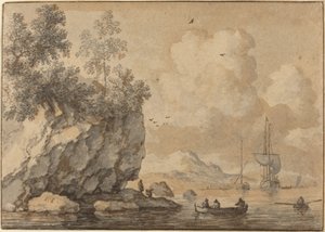 Figures in Rowing Boats in a Rocky Cove, Sailing Ships Beyond