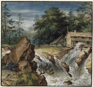 Nordic Landscape with a Draughtsman by a Waterfall by Allart van Everdingen