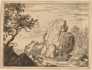 Two Men Seated at the Foot of a High Rock