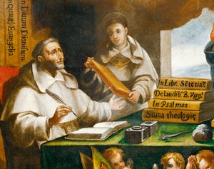 St Albert the Great and St Thomas of Aquinas (detail), St Paul appears to St Albert the Great and St Thomas of Aquinas, by Alonso Antonio Villamor. Convent of San Esteban, Salamanca.