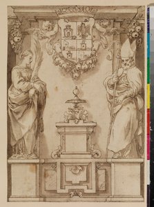 Design for a title page with two saints on pedestals and an imaginary Spanish coat of arms, 17th century