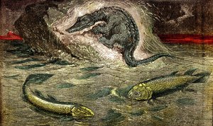 Transition from fish to reptiles. Drawing A. Demarle. 1885