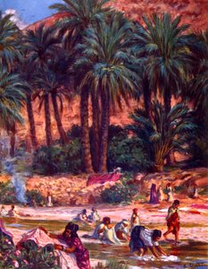Group of Arab Nomad women washing clothes at an oasis in the desert