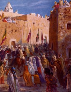 Illustration Depicting Moslem Arab Warriors Leaving a Town to Embark on Jihad or Holy War