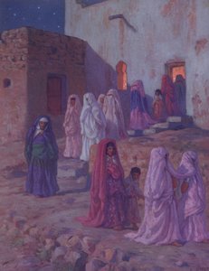 Muslims leaving the village mosque on the Eve of Mouled (illustration from a history of the life of the Prophet Mohammed) by Alphonse Etienne Dinet
