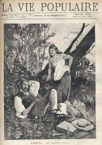 A young woman, disheveled, partially nude, with an exposed chest, leans with confidence and fun towards a painter lying, sleeping in the middle of nature, jacket, hat, material, and pipe scattered on the floor. Illustration by Alfons Maria Mucha by Alphonse Mucha