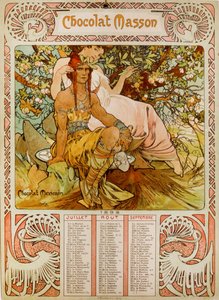 Chocolate Masson calendar illustrated by Mucha, a Czech Art Nouveau painter