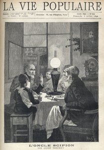 Scene of family life: around the dinner table, a family is gathered together, illuminated by an oil lamp, and listens carefully to a visiting uncle, with bright eyes and hand marking the highlights of his story. Illustration by Alfons Maria Mucha by Alphonse Mucha
