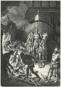 El Cid, accompanied by his wife Dona Jimena, oversees the building of the funeral pyre of Ahmed, Moorish King of Valencia by Alphonse Marie de (after) Neuville