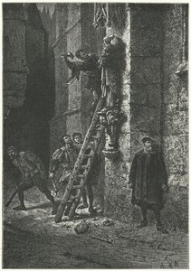 Protestants destroying a statue of the Virgin and Child on Notre Dame, Paris by Alphonse Marie de (after) Neuville