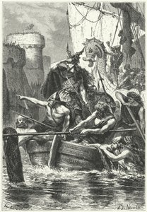 The Norman fleet attacking Paris, 885 (engraving) by Alphonse Marie de (after) Neuville