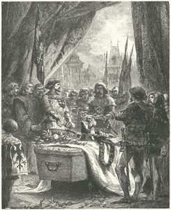 The commander of Chateauneuf de Randon laying the keys of the town on the coffin of Bertrand du Guesclin by Alphonse Marie de (after) Neuville