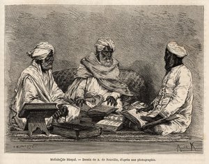 Les mullahs de la mosque de Bhopal, in full discussion of the contentious points of the Muslim religion, engraving after the drawing of A. de Neuville, illustrating the journey in India of the Rajahs, in 1864-1868, by Louis Rousselet, published in 