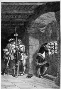 The iron mask in his cell of the prison of the island Saint Marguerite - in Histoire de France by Guizot, engraving by De Neuville