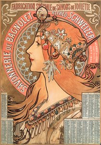 Calendar page of the year 1898 decorated with an advertising illustration for the soap company Savonnerie de Bagnolet Alfred Schweizer