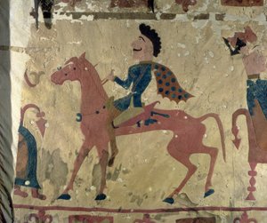 Carpet depicting a mounted warrior, from the Pazyryk Burial Mounds, 5th-4th century BC by Altaic School