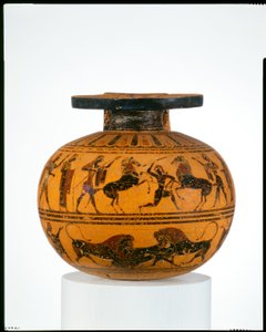 Terracotta aryballos (oil flask), c.550 BC by Amasis Painter