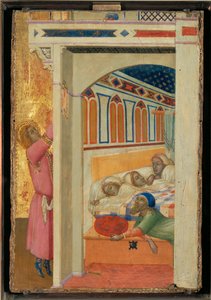 St. Nicholas of Bari offering a dowry to poor girls by Ambrogio (circle of) Lorenzetti