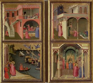 Four Scenes from the Life of St. Nicholas: St. Nicholas gives three girls their dowry; St. Nicholas elected Bishop of Mira; Resuscitating a boy strangled by the Devil; Freeing Mira from famine