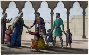 Batilde (or Bathilde, wife of Clovis II) abolishes an expensive tribute that the Gauls paid per head, small and large. - Chelles Abbey. Designed and engraved by Ambroise Tardieu in 1825