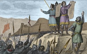 Charles II (823-877) the Bald and his brother Louis the German make treaty at Strasbourg in 842 - Oaths of Strasbourg pronounced by Charles II the Bald (823-877), King of France and Emperor of the West, and Louis the German, February 14, 842 - Engraving