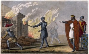 Clotaire I (497 - 561) burns his son Chramne in a cottage, revolt against him - Reign of Clotaire. Clotaire burned in a cottage his son Chramne rebelled against him - Drawn and engraved by Ambroise Tardieu in 1825 by Ambroise Tardieu