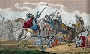 Clovis I (466-511), King of the Franks, Dynasty of the Merovingians - During the Battle of Tolbiac against the Alamans, he vowed to convert to Catholicism if God grants him victory - Drawn and engraved by Ambroise Tardieu in 1825