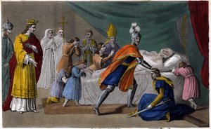 Death of Pepin of Herstal (635-714) surrounded by his family - Death of Pepin de Herstal (grandfather of Pepin the Short), surrounded by his family and in the presence of Dagobert III (714) - Drawn and engraved by Ambroise Tardieu in 1825 by Ambroise Tardieu