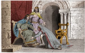 Emme kisses the knee of her husband Raoul in recognition of his sovereignty - Emma of France kissing the knees of her husband Raoul whom she chose as king during the captivity of Charles III the Simple - Engraving of 1825