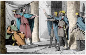 Louis V the Indolent shows his crown to his followers in 986 - Louis V the Lazy (c. 967-987), proclaimed king of France by the protection of Hugues Capet, who became king of France, in 986 - Engraving of 1825 in 