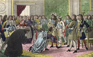 Louis XIV (1638-1715), surrounded by his family and the most important figures of the Court, presents his grandson Philip V to the envoys of Spain as their new king in 1700 - Designed and engraved by Ambroise Tardieu in 1825