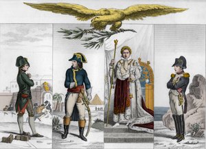 Napoleon Bonaparte (1769-1821) at four stages in his life - Napoleon Bonaparte (1769-1821) at different times of his life - Engraving de 1825 in Histoire de France represented by synoptic paintings dedicated to the children of France and used for their edu
