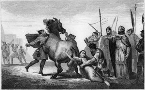 The death of queen Brunhilda of Austrasia, a Visigothic princess, married to king Sigebert I of Austrasia - torture by Brunehaut: Brunehaut or Brunehilde (543-613), prisoner of Clotaire II, is attached to the tail of a fiery horse in 613 - Engraving