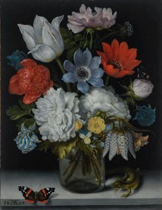 A Still Life of Flowers in a Glass Flask on a Marble Ledge, Flanked by a Red Admiral Butterfly and a Lizard