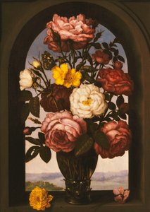Roses in a Roemer with a Turban Buttercup and a Sowbread in a Casement, a River Landscape Beyond by Ambrosius the Elder Bosschaert