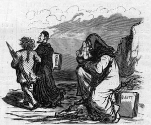Poor Dante starts crying when he sees Gustave Dore with Rabelais (cartoon) by Amédée de Noé